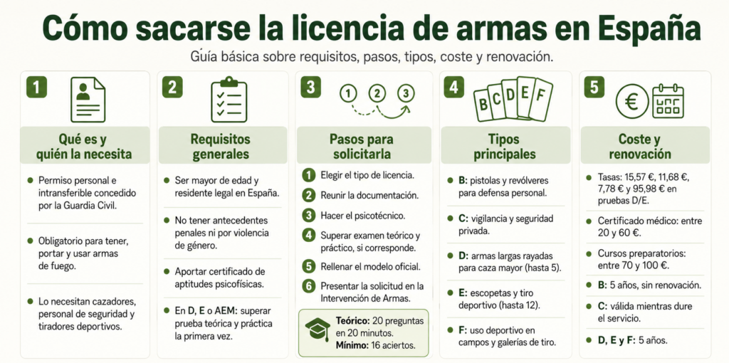 Infografía sobre cómo sacar la licencia de armas en España, con los principales requisitos, trámites, documentación necesaria y pasos para solicitarla.