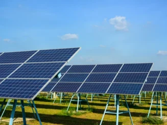 Vista real de cómo instalar paneles solares para producir energía solar en una finca.