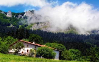 Casa rural junto a bosque y montañas con nubes bajas.