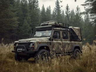 Vehículo todoterreno camuflado con accesorios de camping, estacionado en un paisaje boscoso.