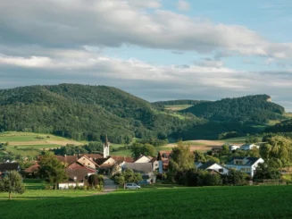 Paisaje rural de un pequeño pueblo rodeado de verdes colinas boscosas, campos de cultivo y una iglesia con campanario bajo un cielo parcialmente nublado.