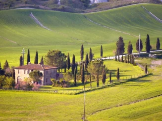 Casa rural de piedra rodeada de árboles altos y un camino, en medio de colinas verdes onduladas bajo luz solar.