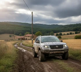Coche 4x4 híbrido en uso intensivo rural, ilustrando la fiabilidad y el rendimiento de la tecnología híbrida en el campo.