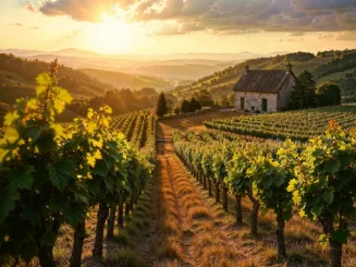 Viñedo al atardecer con casa de campo en el fondo, rodeado de montañas.